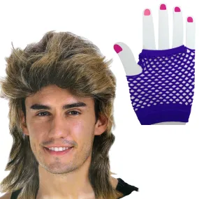 2Pcs Set Golden Blonde Bullet Wig   Fishnet Gloves 70s 80s Womens Costume Party - Purple - One-Size