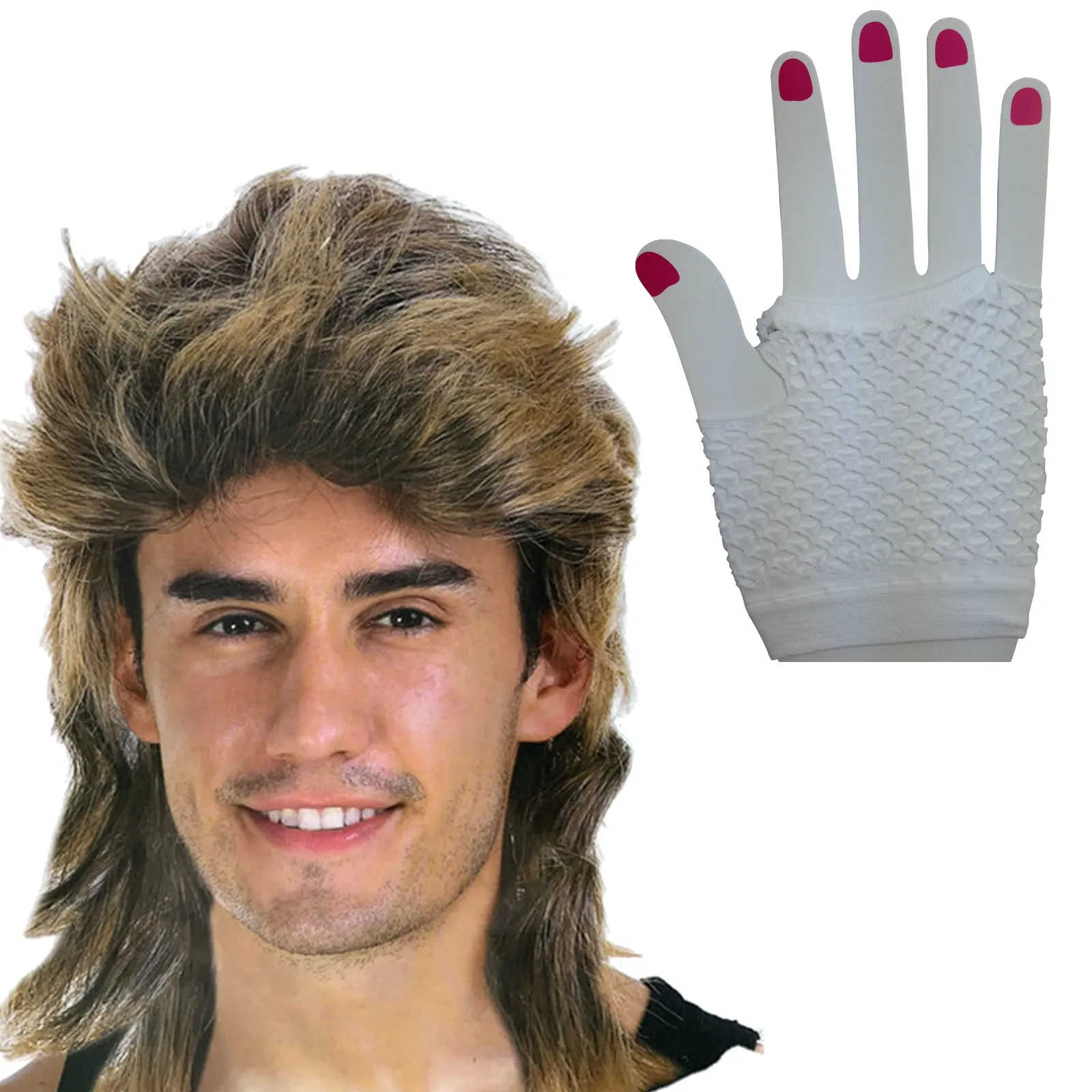 2Pcs Set Golden Blonde Bullet Wig   Fishnet Gloves 70s 80s Womens Costume Party - White - One-Size