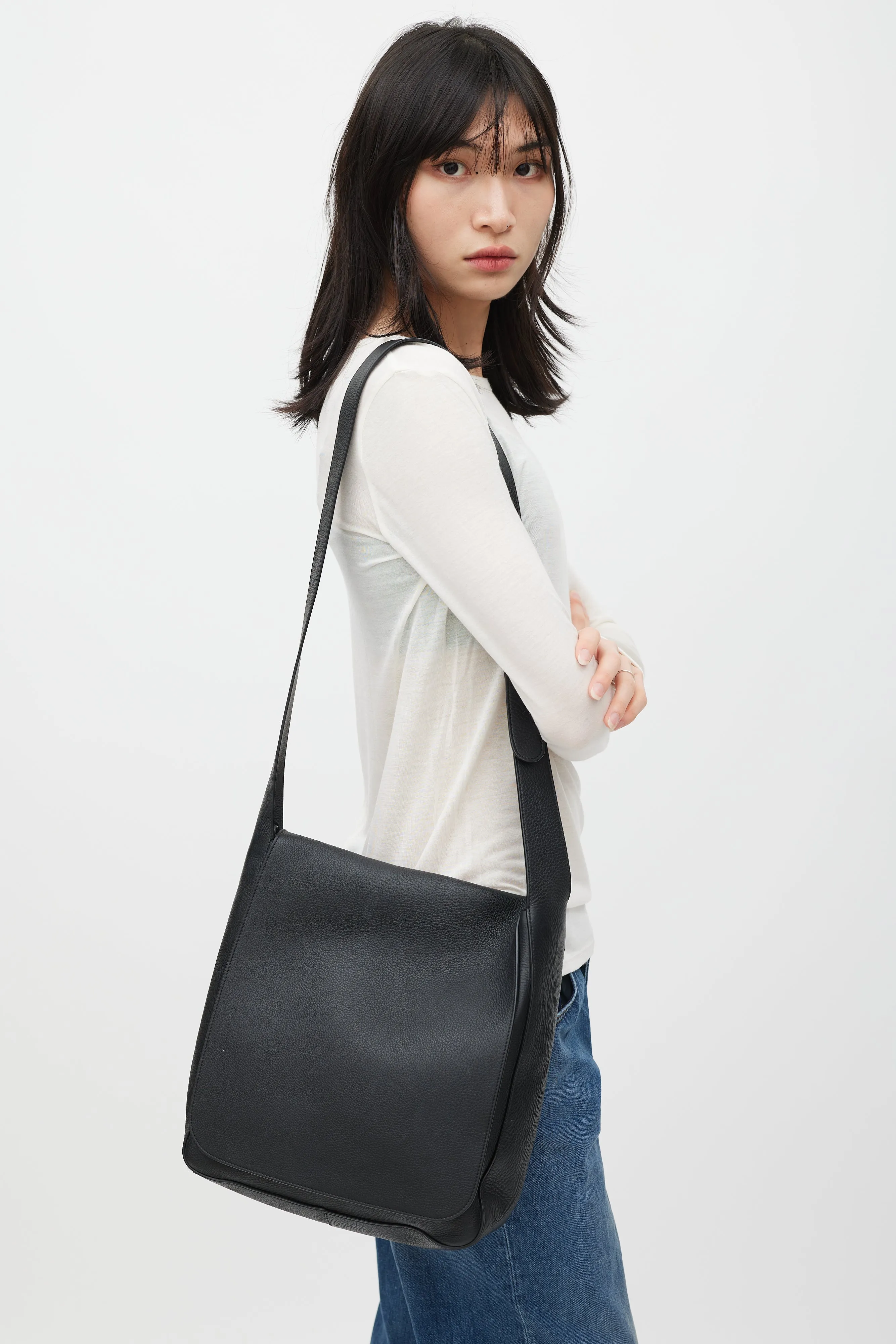 Black Leather Avery Flap Messenger Bag