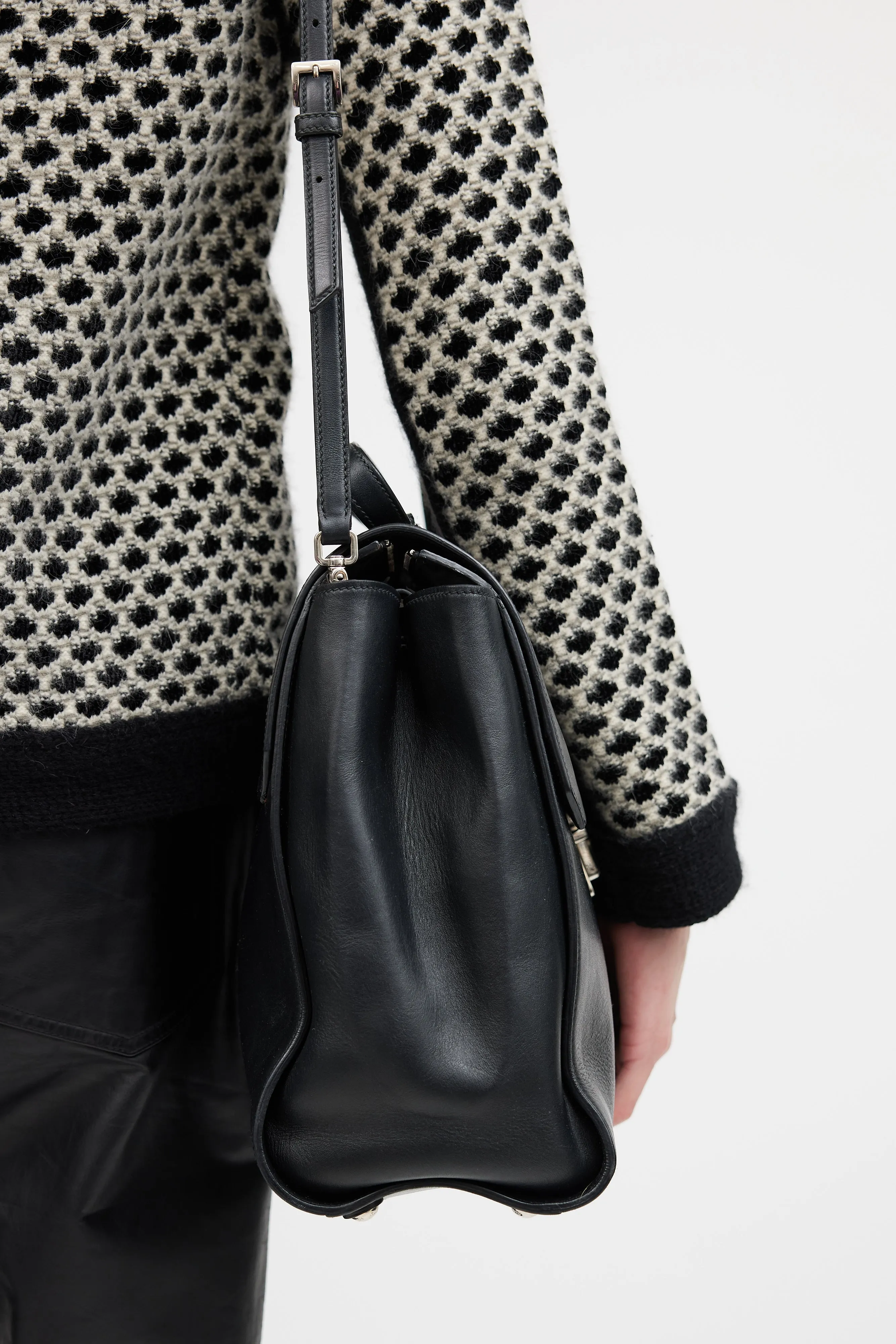Black Leather Buckled Messenger Crossbody Bag