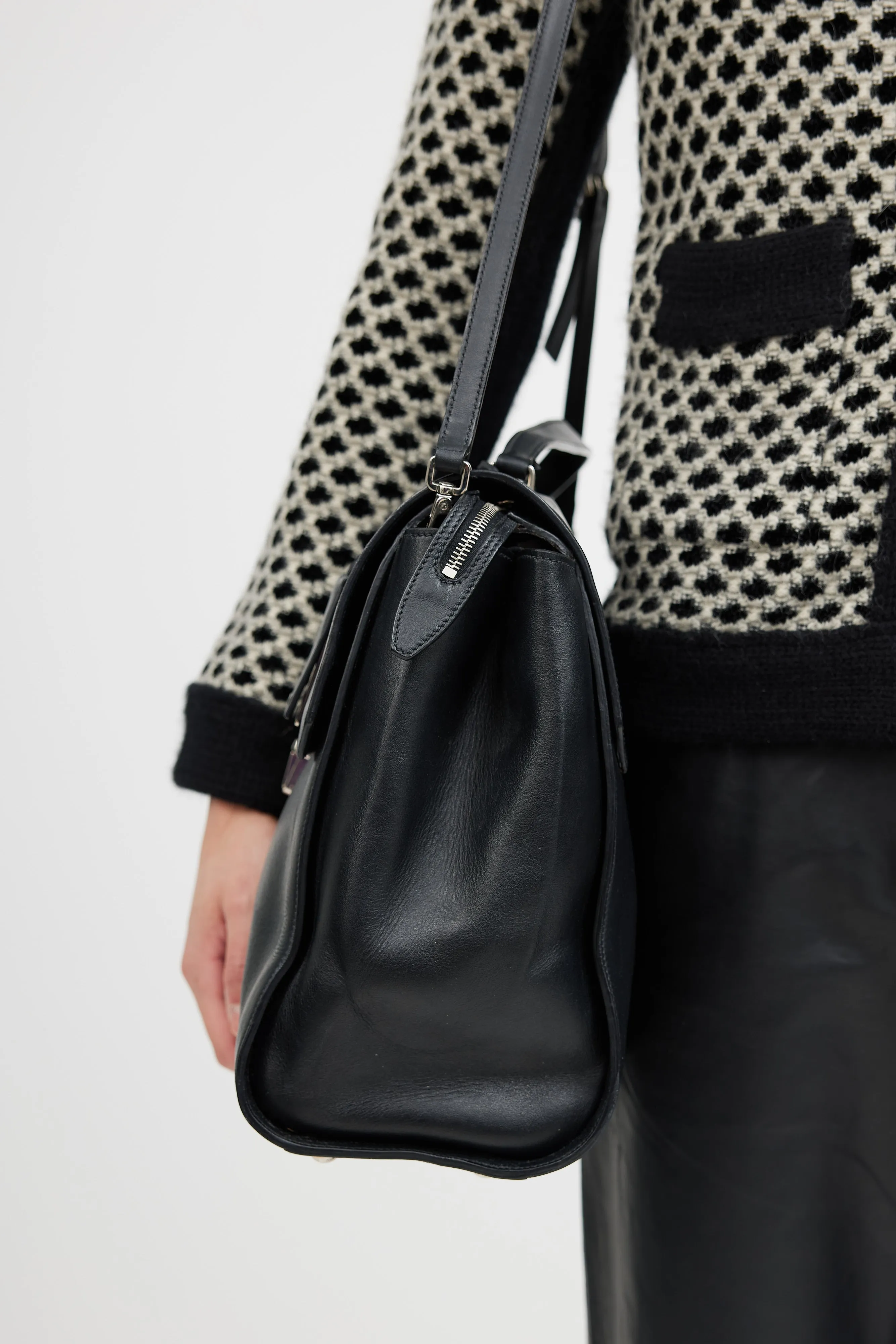 Black Leather Buckled Messenger Crossbody Bag