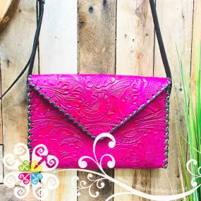 Floral Stamping Leather Crossbody - Carteron de Piel