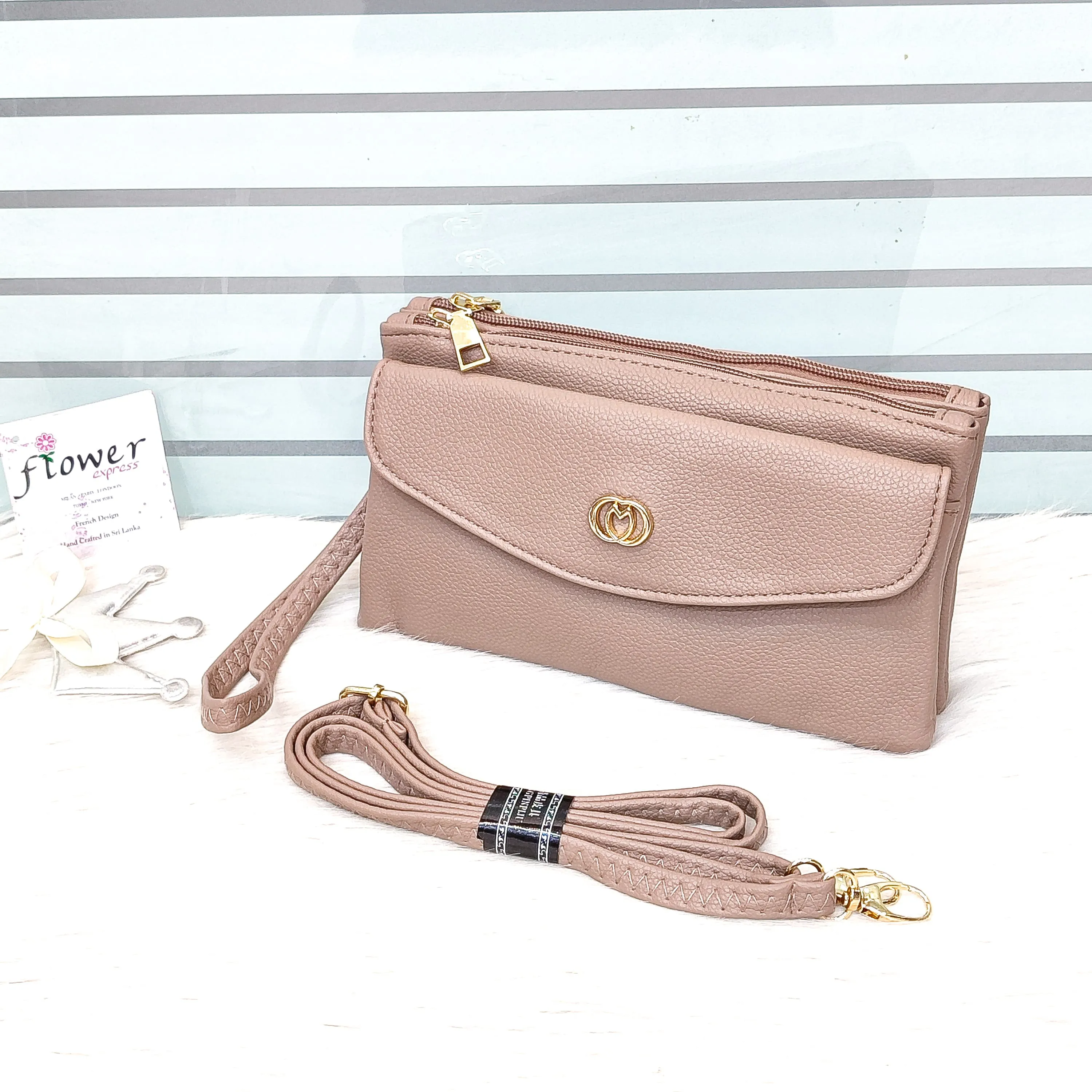 Leather Imported 2-Zipper Crossbody Handbag