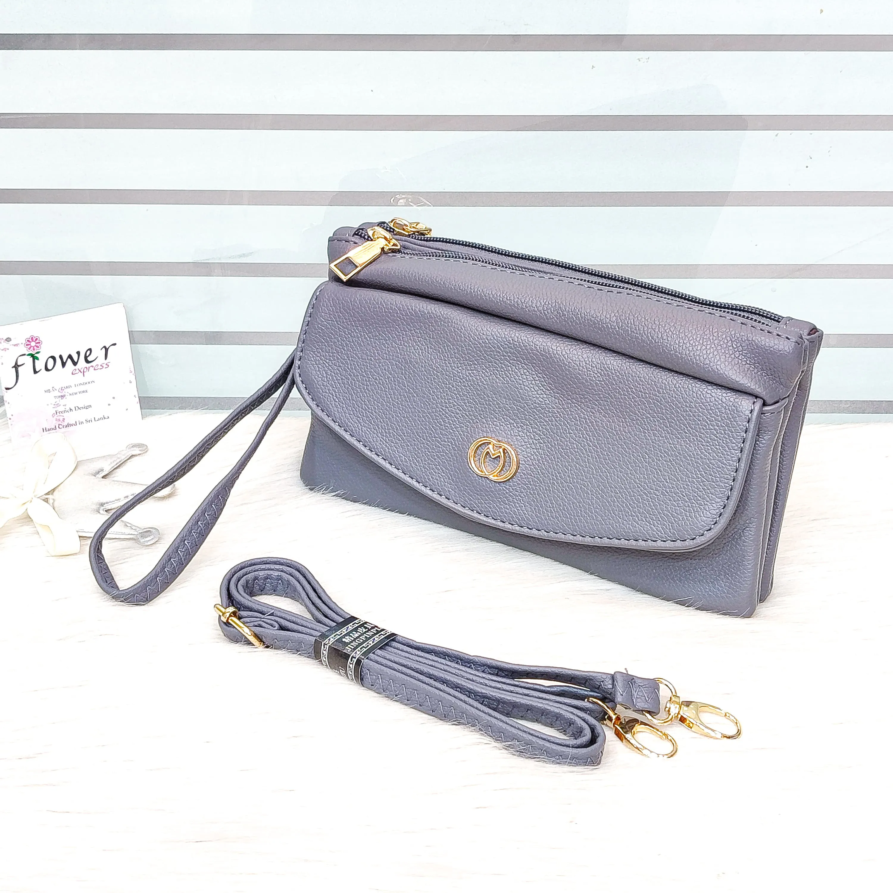 Leather Imported 2-Zipper Crossbody Handbag