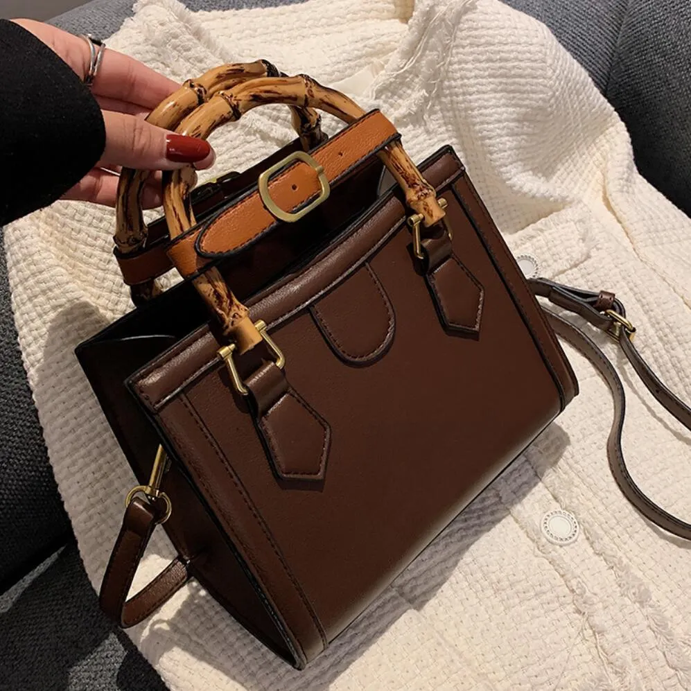LEFTSIDE Vintage Square Totes With Bamboo Handle 2021 Winter New PU Leather Women's Designer Handbag Panelled Shoulder Bag