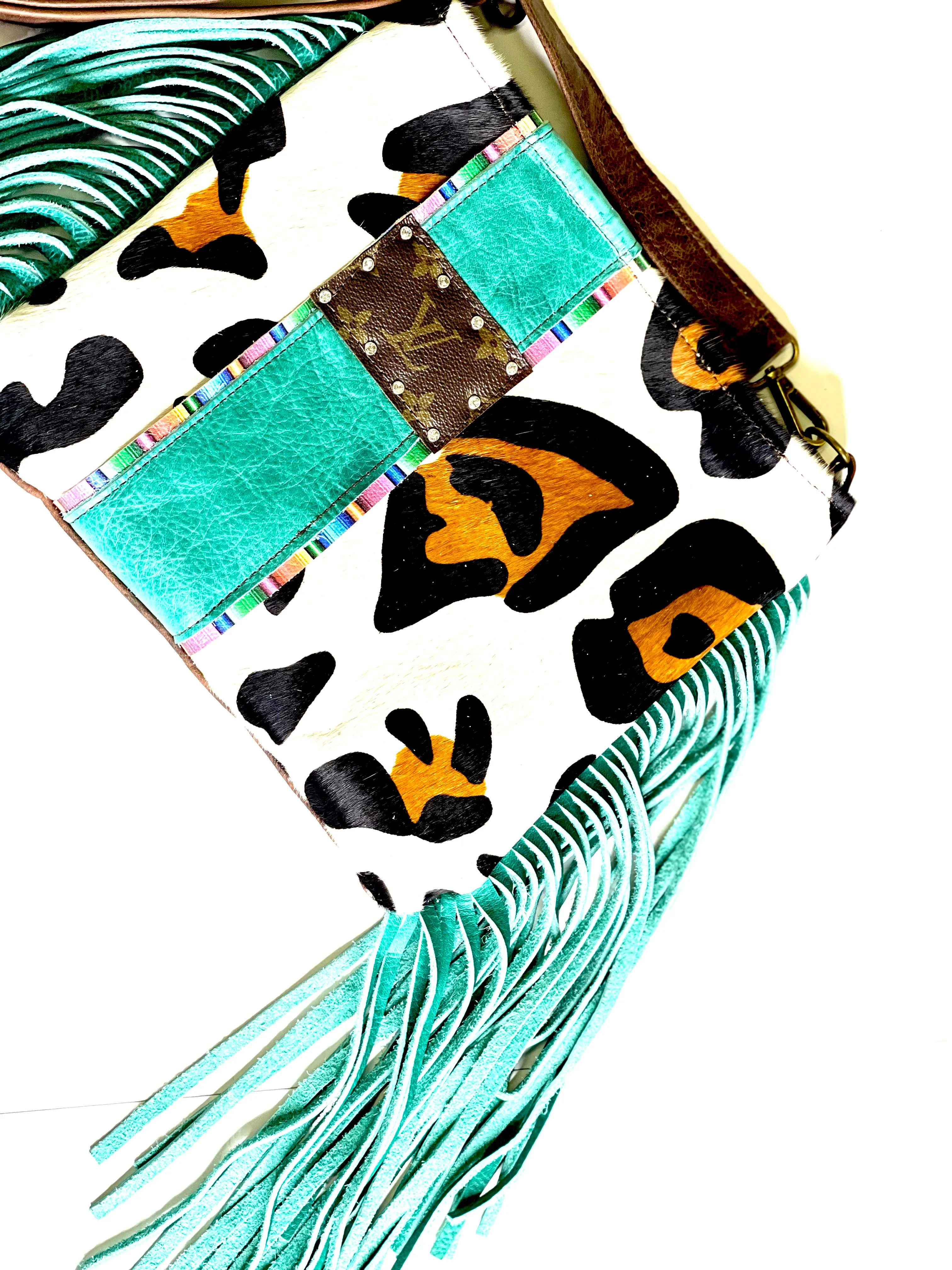 Medium Crossbody Xl leopard Leopard HOH in turquoise and serape rhinestone hardware