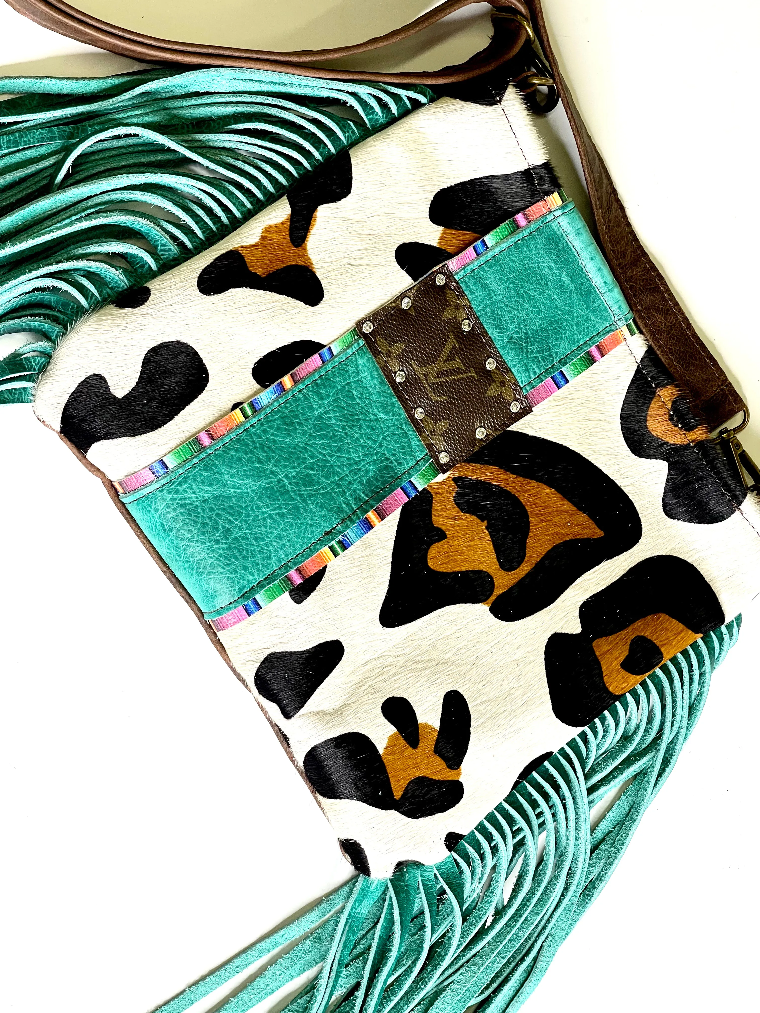 Medium Crossbody Xl leopard Leopard HOH in turquoise and serape rhinestone hardware