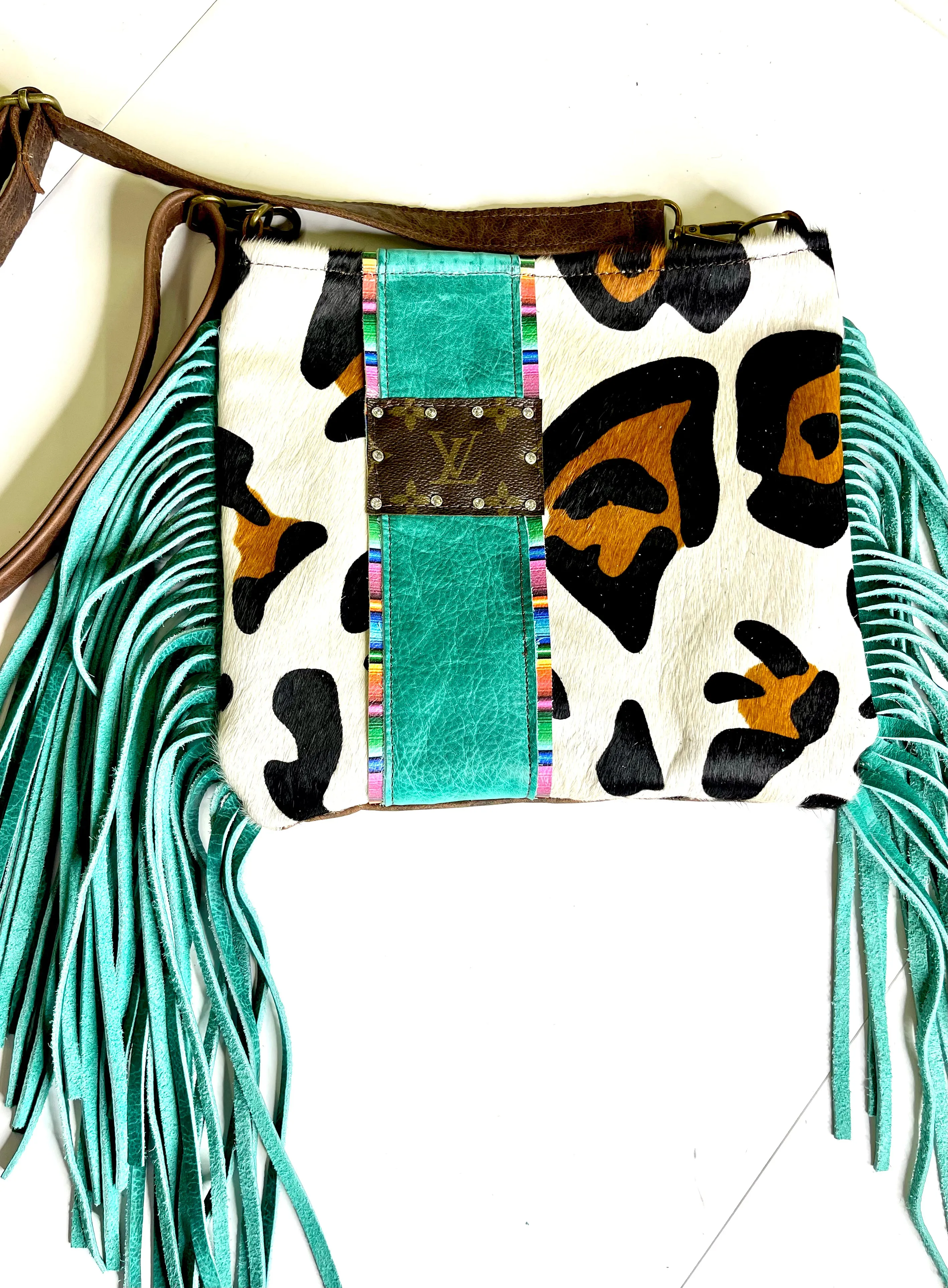 Medium Crossbody Xl leopard Leopard HOH in turquoise and serape rhinestone hardware