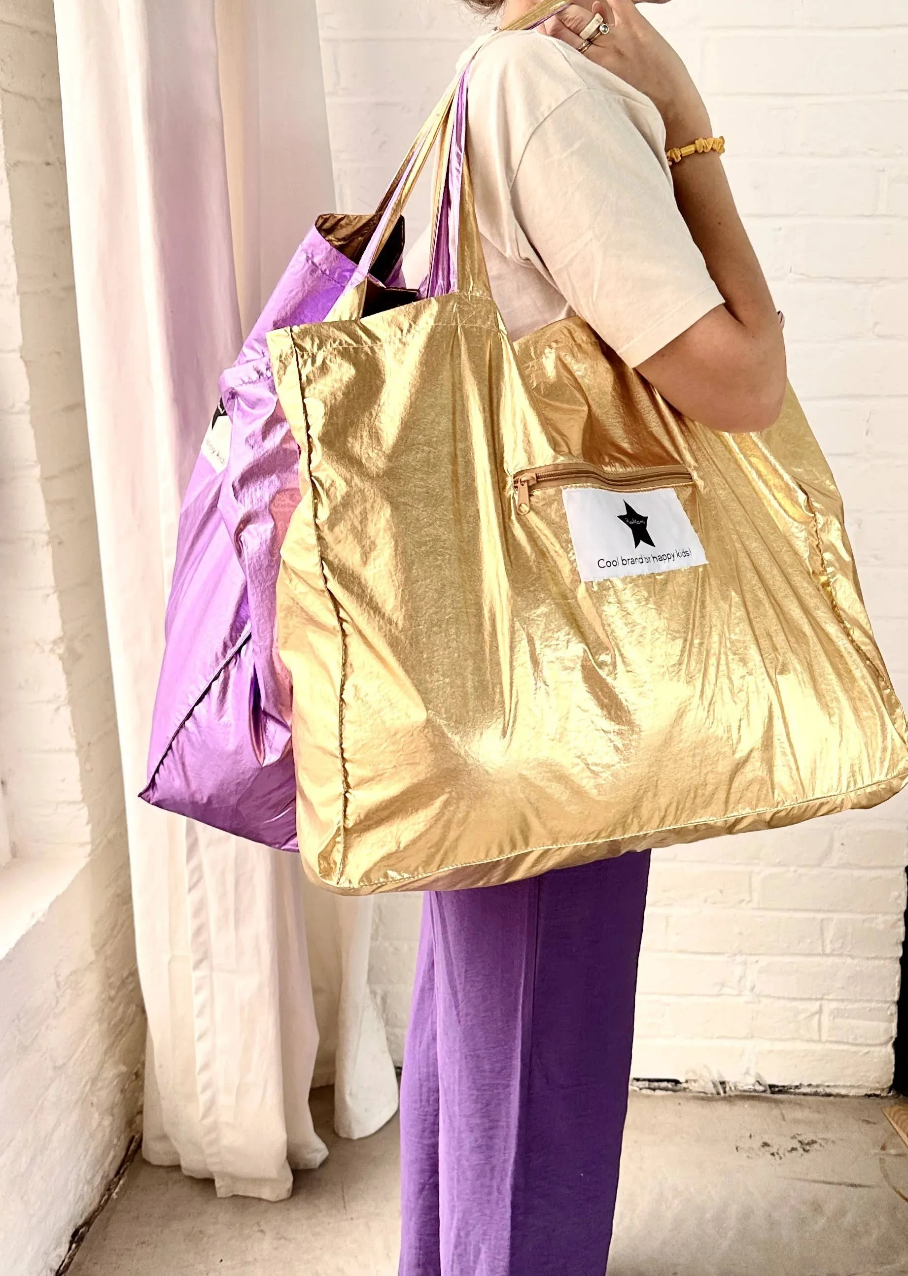 Ratatam! - Large Metallic Shiny Tote Bag - Purple & Gold