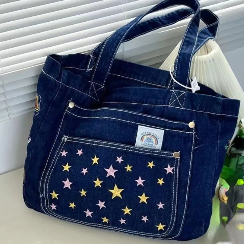 UAKISS  -  Y2k Aesthetic Harajuku Embroidery Shoulder Handbags Fashion Casual Women Tote Bags Star Denim Canvas Streetwear Messenger