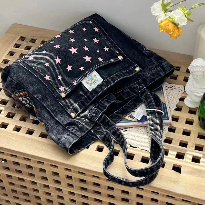UAKISS  -  Y2k Aesthetic Harajuku Embroidery Shoulder Handbags Fashion Casual Women Tote Bags Star Denim Canvas Streetwear Messenger