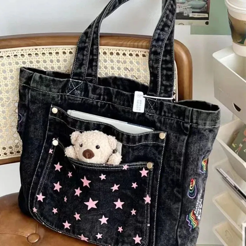 UAKISS  -  Y2k Aesthetic Harajuku Embroidery Shoulder Handbags Fashion Casual Women Tote Bags Star Denim Canvas Streetwear Messenger