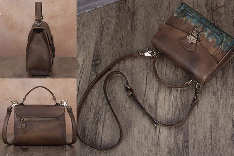 Vintage Women's Genuine Leather Crossbody Satchel Bag Handbags Purse for Women